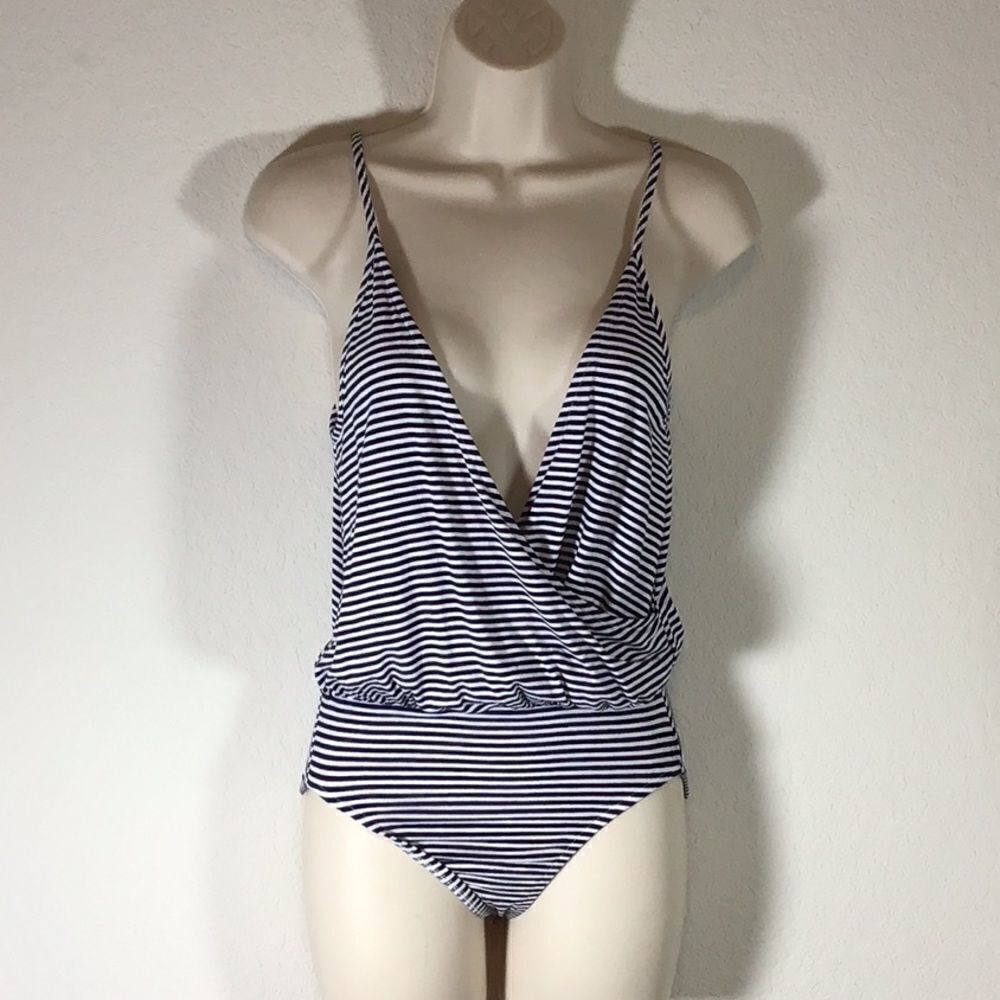 Top Shop Body Suit Black White Stripe Spaghetti Straps Blouson Top Size 4 Tall